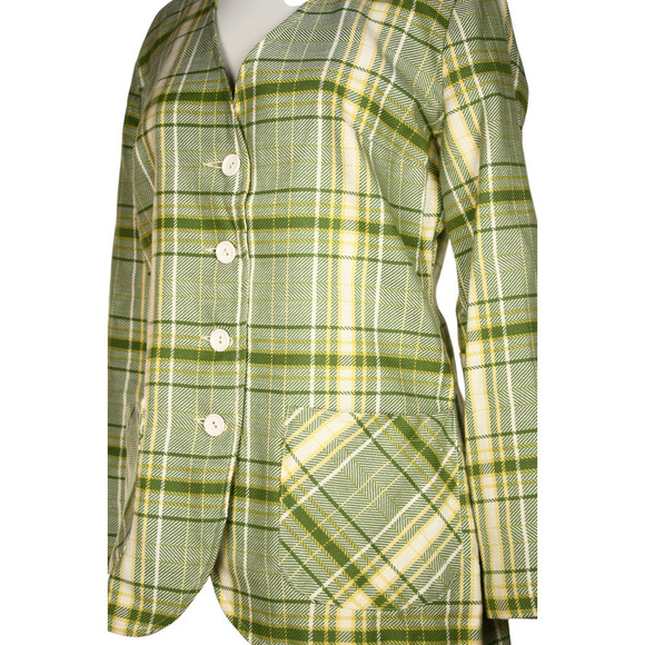 Vintage 60s Collarless Jacket Green Plaid Pockets Union Tag Size 11-12 - Hey Viv - Picture 9 of 12